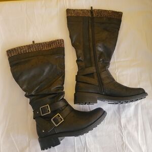 torrid Brown Knee-High Buckle Boots with Knit Cuff